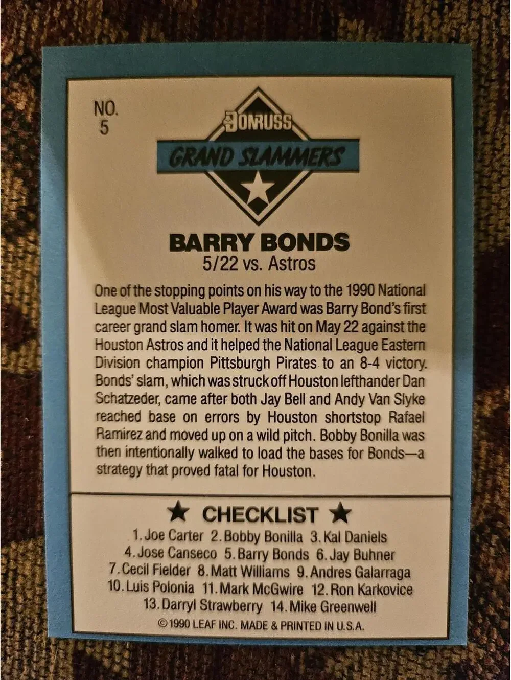 Barry Bonds - 1991 Donruss Grand Slammer insert #7 - Pittsburgh Pirates